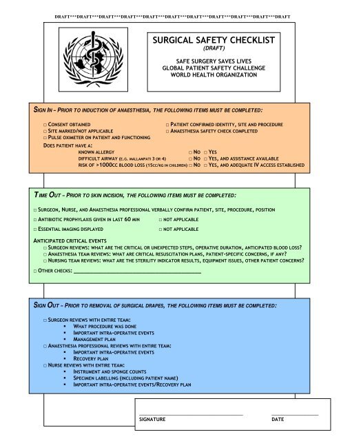 Draft Who Surgical Checklist