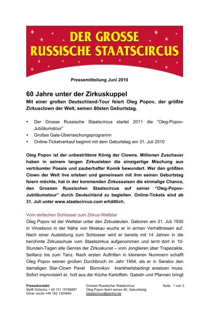 60 Jahre Unter Der Zirkuskuppel Groot Russisch Staatscircus