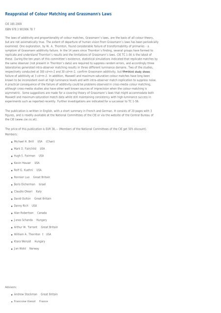 CIE 185:2009 Reappraisal of Colour Matching and Grassmann's Laws