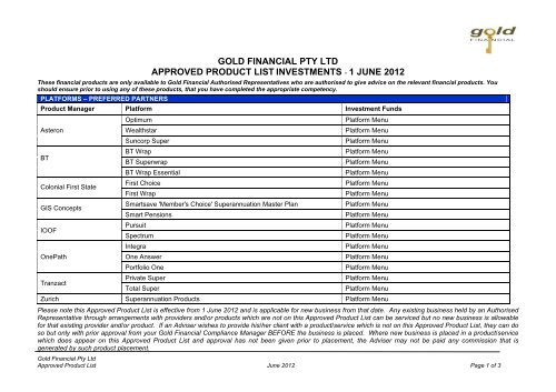 gold financial pty ltd approved product list investments - 1 june 2012