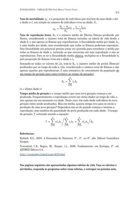 Tabela de vida - Instituto de Biologia da UFRJ