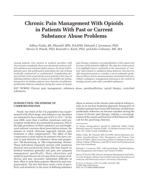 Chronic Pain Management With Opioids in ... - Dr. Jeffrey Fudin