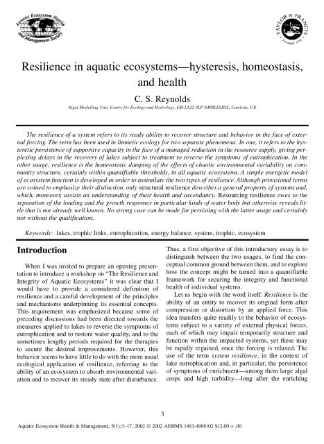 Resilience in aquatic ecosystems - hysteresis, homeostasis, and ...