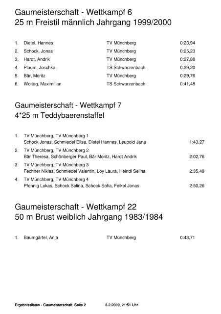 Gaumeisterschaft - Wettkampf 3 25 m Freistil weiblich Jahrgang ...