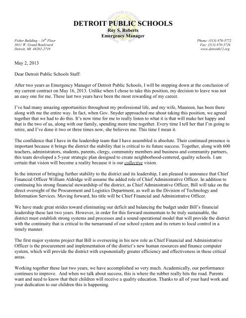 DPS Leadership Transition Letter to Employees - Detroit Public ...