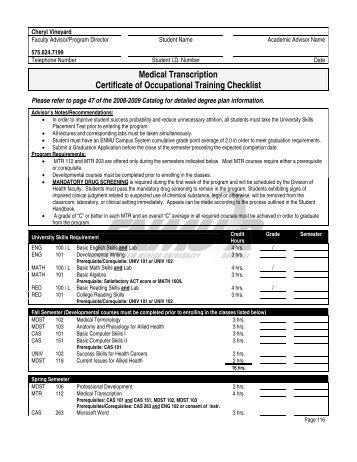 Medical Transcription Certificate of Occupational Training Checklist