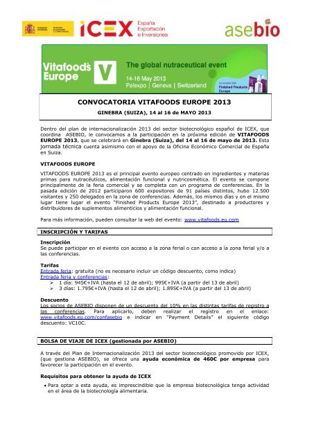 CONVOCATORIA VITAFOODS EUROPE 2013 - Asebio