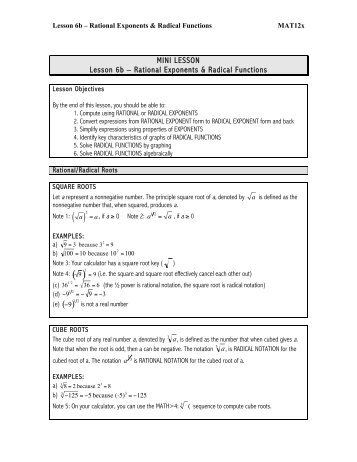 MINI LESSON Lesson 6b – Rational Exponents & Radical Functions