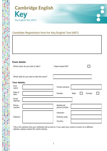 Registration Form Cambridge ESOL Exams KET