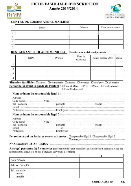 FICHE FAMILIALE D'INSCRIPTION Année 2013/2014