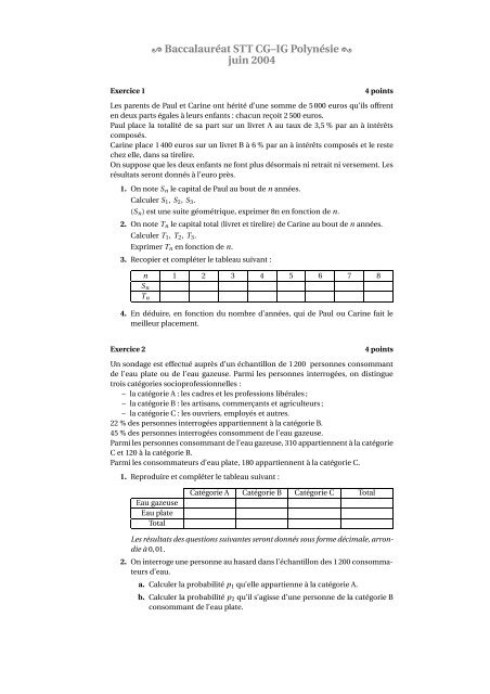 BaccalaurÃ©at STT CGâIG PolynÃ©sie juin 2004 - Apmep