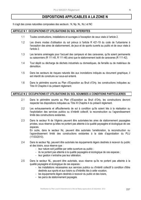 DISPOSITIONS APPLICABLES A LA ZONE N - Massy