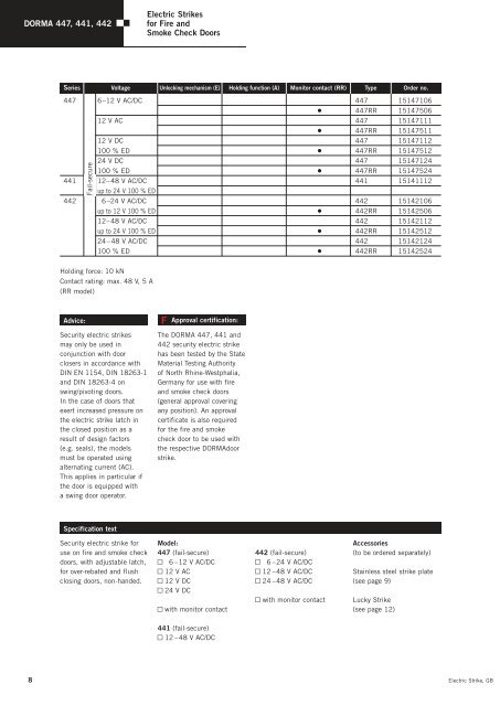 DORMA Electric Strikes and Locking Mechanisms - Solar Danmark ...