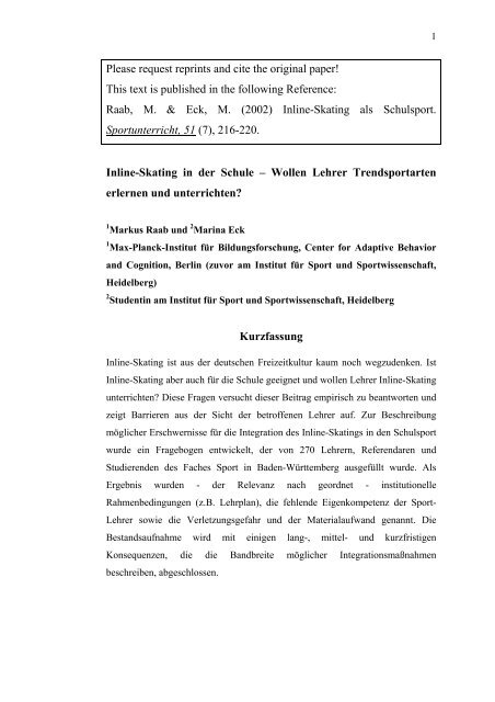 Inline-Skating in der Schule - Universität Flensburg