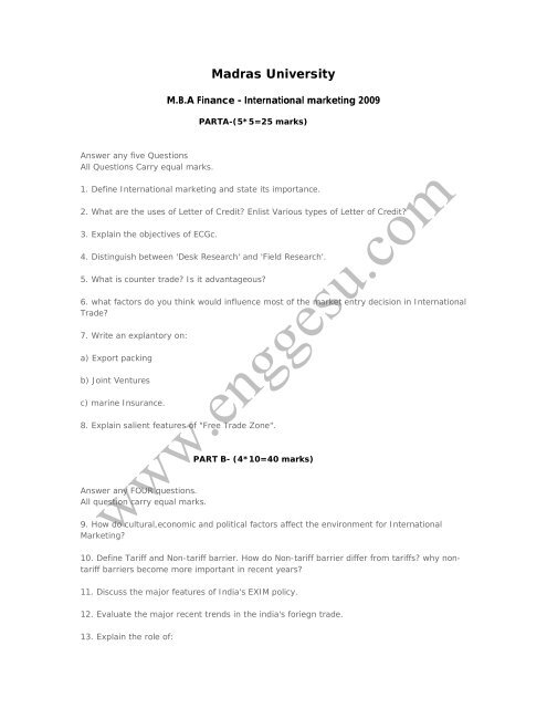 M.B.A Finance International marketing Question paper