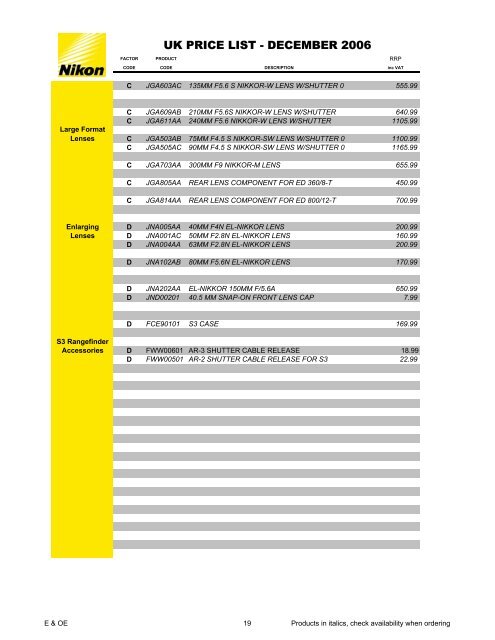 UK Price List Dec 06 - Nikon UK