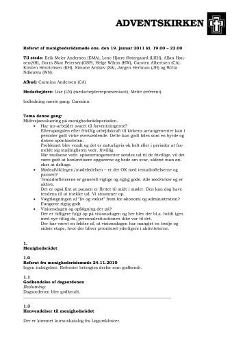 Referat af menighedsrådsmøde ons. den 19. januar 2011 kl. 19.00 ...