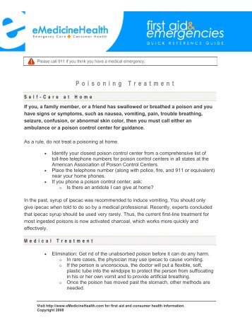 Poisoning Treatment - First Aid & Emergencies Quick Reference Guide