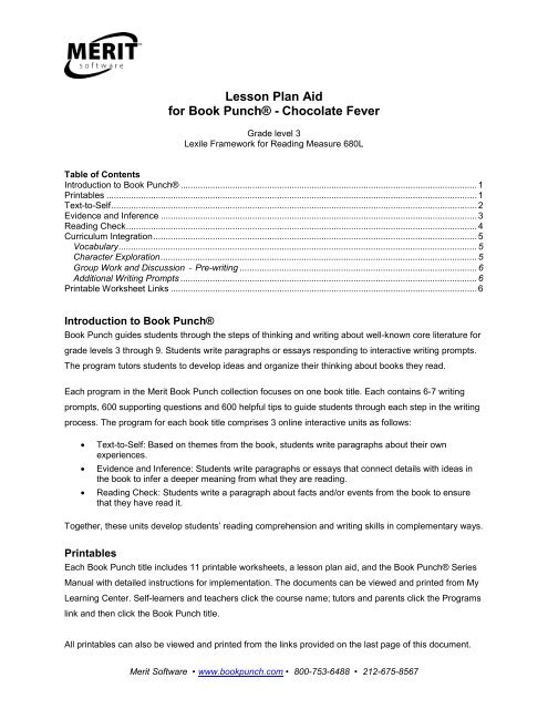 Lesson Plan Aid for Book PunchÂ® - Chocolate Fever - Merit Software