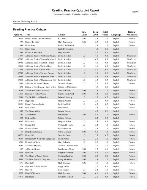 RPQuiz List - Bartlesville Public Schools