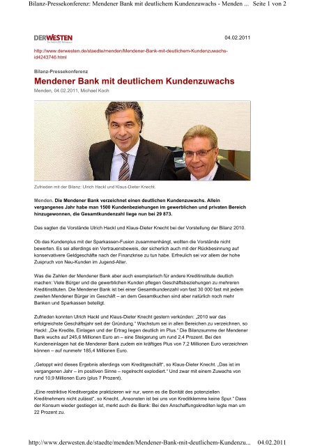 Mendener Bank Mit Deutlichem Kundenzuwachs Mendener Bank Eg