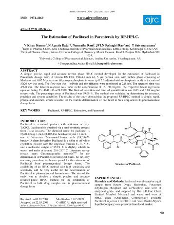 The Estimation of Paclitaxel in Parenterals by RP-HPLC.