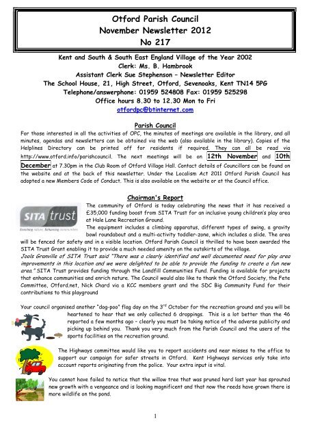 Otford Parish Council November Newsletter 2012 No 217 - Otford.info