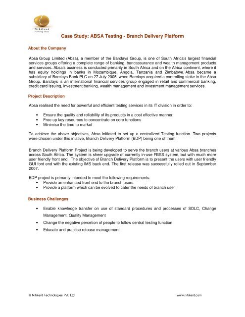 Case Study: ABSA Testing - Branch Delivery Platform - Nihilent