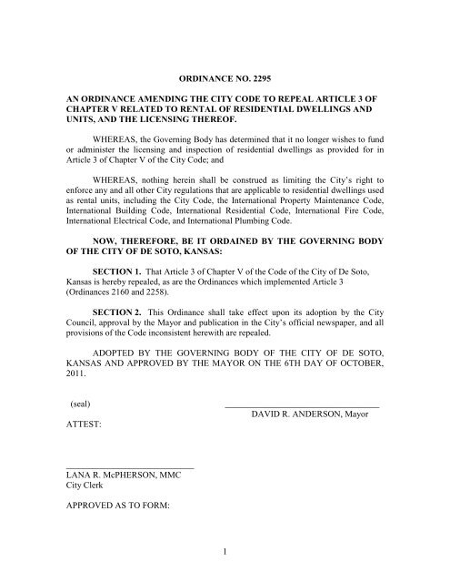 1 ordinance no. 2295 an ordinance amending the city code to repeal ...