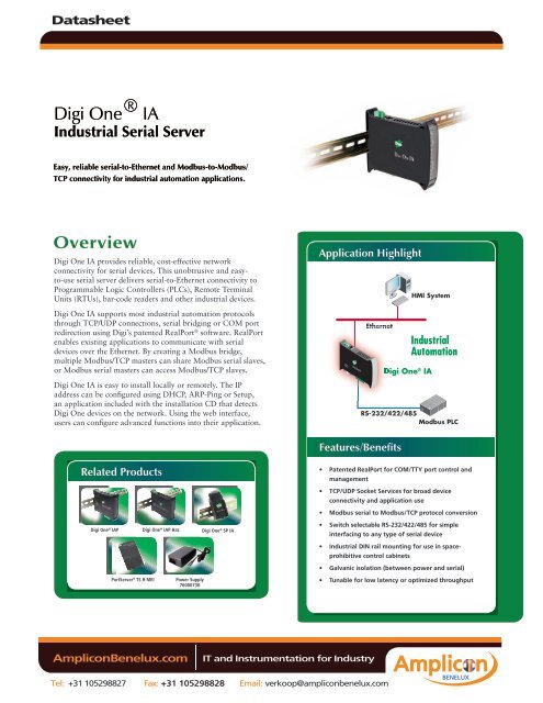 Digi One Ia Device Server Datasheet Amplicon Benelux