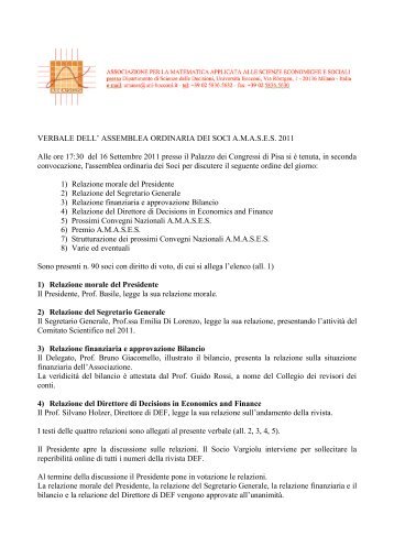 VERBALE DELL' ASSEMBLEA ORDINARIA DEI SOCI A.M.A.S.E.S. ...