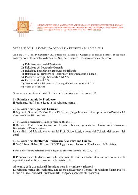 VERBALE DELL' ASSEMBLEA ORDINARIA DEI SOCI A.M.A.S.E.S. ...