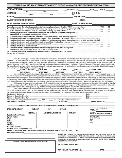 cyo athletic preparticipation form - Cleveland Catholic Charities