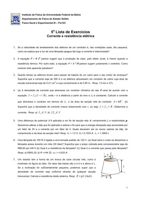 5 a Lista - Instituto de FÃ­sica da UFBA - Universidade Federal da Bahia