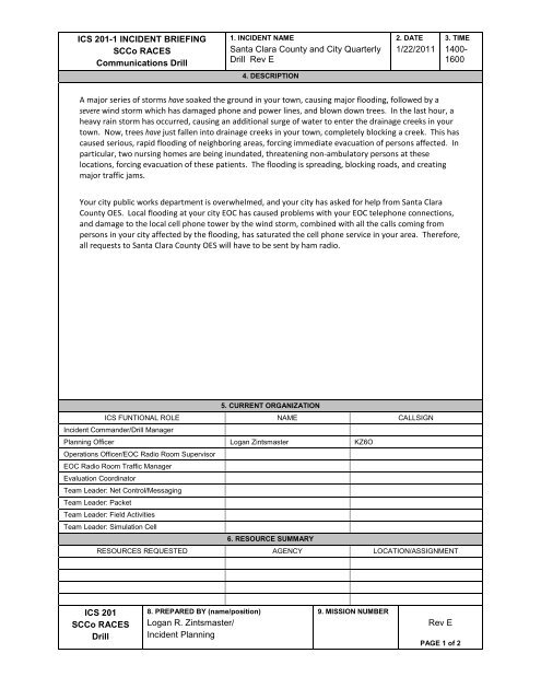 ICS 201 INCIDENT BRIEFING - Santa Clara County Ares/Races