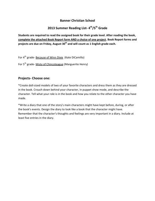 5th Grade Summer Reading List Banner Christian School