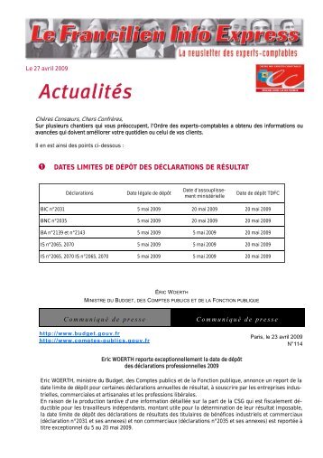 dates limites de dépôt des déclarations de résultat - Ordre des ...