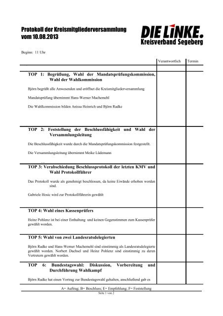 Vorlage fÃ¼r Niederschriften - Die Linke, Kreisverband Segeberg