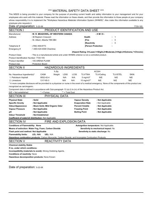 105 Arena Plank MSDS-May 2008.pdf - Northland Construction ...