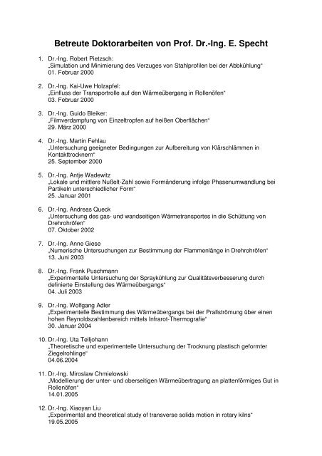 Betreute Doktorarbeiten von Prof. Dr.-Ing. E. Specht
