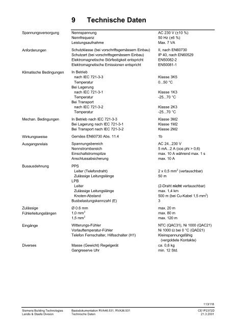 RVA46.531, RVA36.531 Heizkreisregler Basisdokumentation