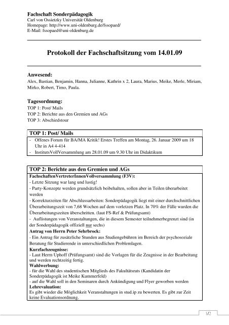 Protokoll der Fachschaft Sonderpadagogik 14.01.09a
