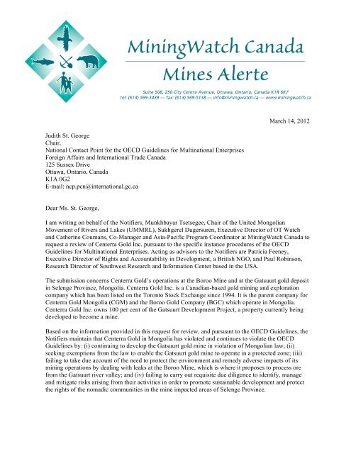 Cover letter to NCP - MiningWatch Canada