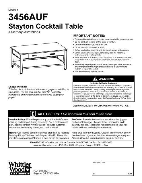 Assembly Instructions Whittier Wood Furniture