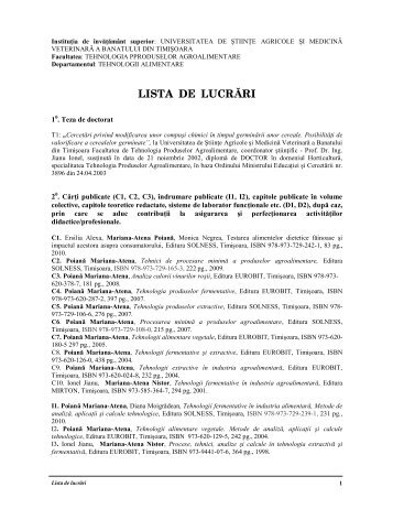 LISTA DE LUCRÄRI - Universitatea de Stiinte Agricole si Medicina ...