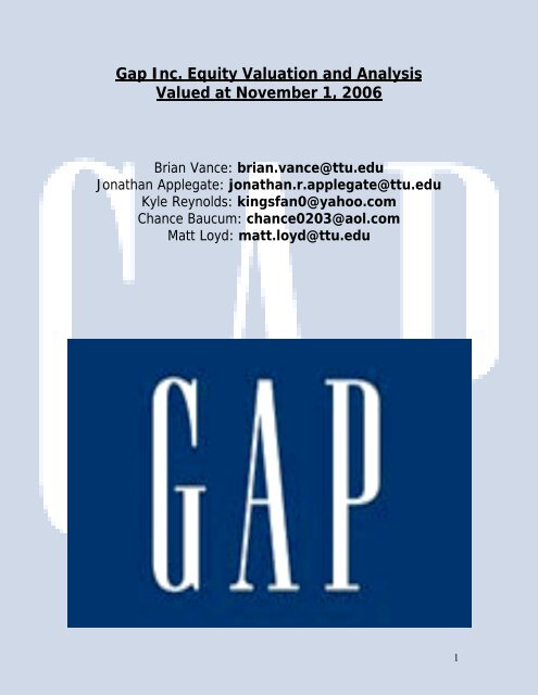 Gap Inc. Equity Valuation and Analysis Valued at November 1, 2006