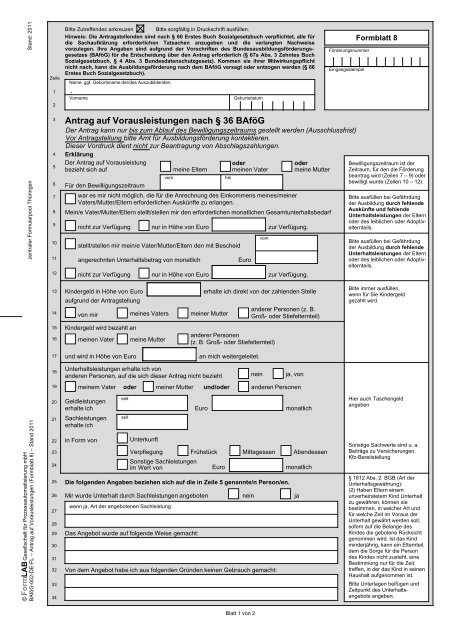 Antrag auf Vorausleistungen nach Â§ 36 BAfÃ¶G (Formblatt 8) - (Stand