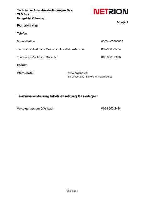Technische Anschlussbedingungen Gas - TAB Gas - - Netrion GmbH
