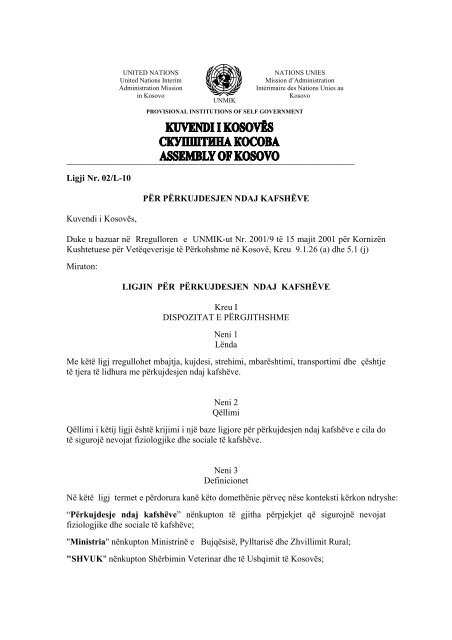 Ligji Nr. 02/L-10 PÃR PÃRKUJDESJEN NDAJ KAFSHÃVE - Kuvendi