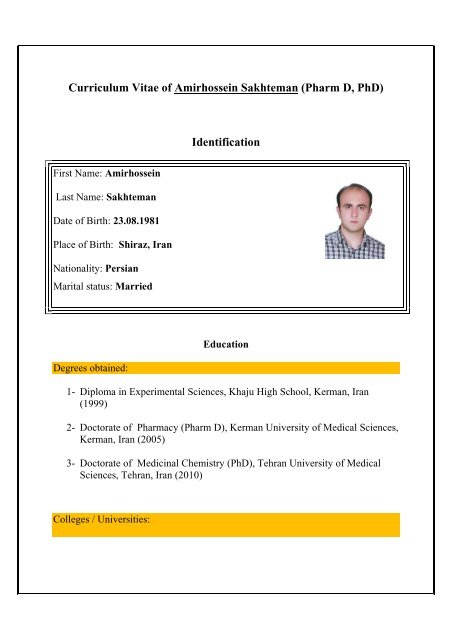 Curriculum Vitae of Amirhossein Sakhteman (Pharm D, PhD ...